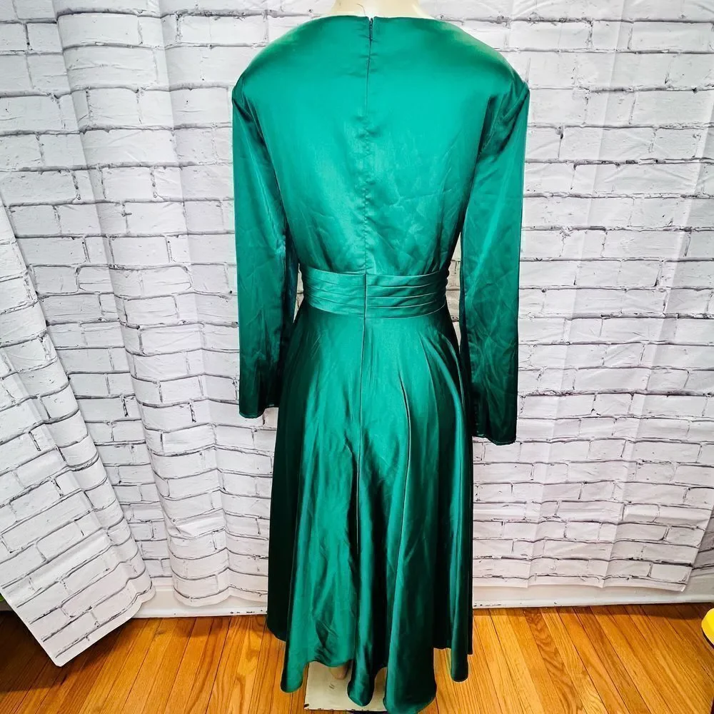 Mac Duggal Long Sleeve Plunge Neck Cocktail Midi Dress SZ16 - Picture 5 of 9